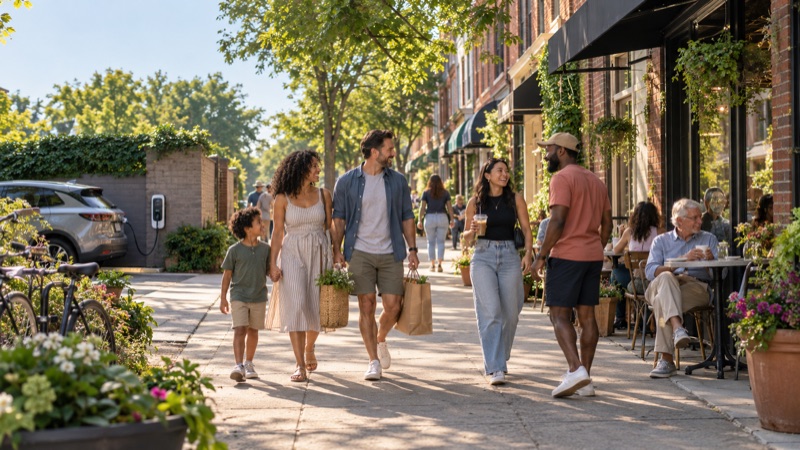 Families and neighbors outside a neighborhood café on a sunny day, with an electric car charging in a nearby parking bay.