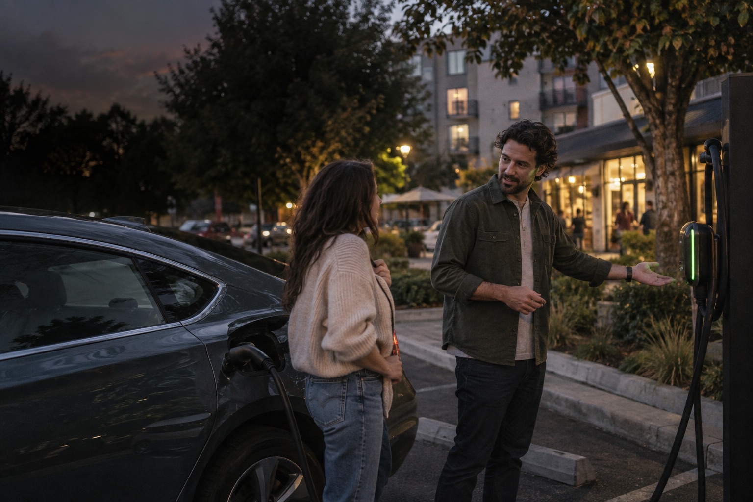 An EV driver and a local host meet beside a charging car.